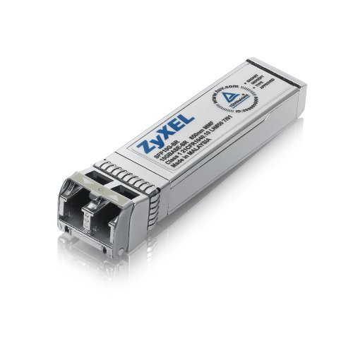 Zyxel SFP Plus transceiver in silver metal housing, featuring a clear connector end and labeled with Zyxel branding and specifications, designed for 300m optical transmission.