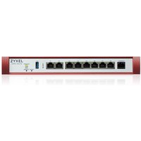 Zyxel USG FLEX 200H firewall, red and white, with eight Ethernet ports and USB port on front panel.