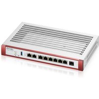 Zyxel USGFLEX200H firewall, silver with red accents, vented top, six Ethernet ports, USB port, 5 Gbit/s capacity.