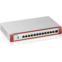 Zyxel USGFLEX500H firewall, silver and red casing, 10 Ethernet ports, LED indicators, compact rectangular design.