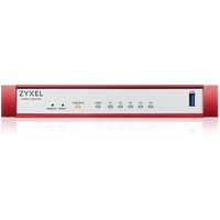 Zyxel USGFLEX50H firewall, white with red edges, LED indicators, USB port on front panel.