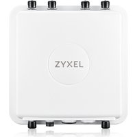 White Zyxel WAX655E PoE access point with square design and four black antenna connectors on top.