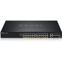 Black Zyxel XGS2220-30HP L3 Gigabit Ethernet switch with 24 PoE ports, 4 SFP ports, and sleek rectangular design.