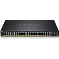 Zyxel black rackmount switch with 48 Gigabit PoE+ ports, LED indicators, and NebulaFlex Pro branding on top.