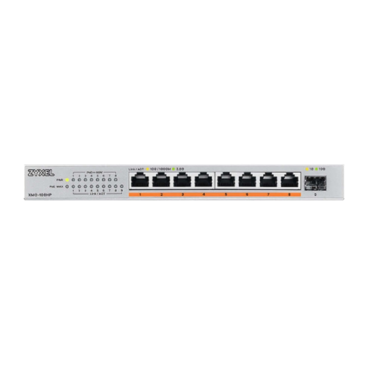 Zyxel XMG-108HP in silver metal housing features eight 2.5G Ethernet ports, LED indicators, and a Power Over Ethernet (PoE) option for enhanced connectivity.