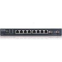 Zyxel XMG1915-10E Ethernet switch, black with eight RJ45 ports, two SFP ports, and LED indicators on front panel.