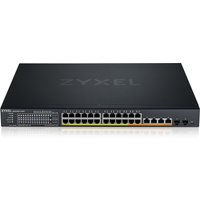 Black Zyxel XMG1930-30HP managed L3 Ethernet switch with 24 ports, LED indicators, and a sleek rectangular design.