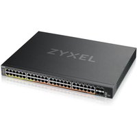 Black Zyxel XMG2230-52HP 1U Ethernet switch with multiple ports and PoE, featuring a sleek rectangular design.