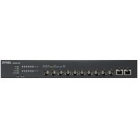 Black Zyxel XS1930-12F network switch with 10 SFP+ ports and 2 RJ-45 ports, LED indicators on front panel.