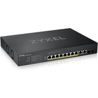 Black Zyxel network switch with 12 Ethernet ports, LED indicators, and vented sides.