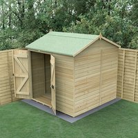 Black interlocking grid panels forming a 7x7 plastic shed base on grass, designed for stability and drainage.