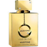 Gold rectangular Armaf Club De Nuit Milestone Eau De Parfum bottle with circular pendant and square cap, 105 ml.