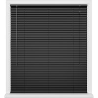 Black metal Venetian blinds with 25mm slats, featuring a sleek design and pull cord, framed by a white window casing.