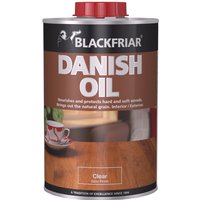 Blackfriar Danish Oil Clear 500ml tin with red cap, brown label, and wood grain image.