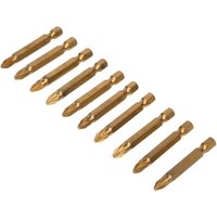 Titanium-coated PZ2 screwdriver bits, gold-colored, 50mm length, set of 10 arranged in two rows.