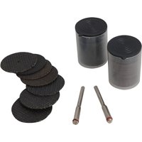 Bluespot Tools 85-piece cut-off wheel kit with black discs, two cylindrical holders, and two metal mandrels.