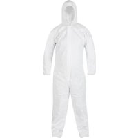 White Bluespot Tools disposable coverall XL with hood, long sleeves, and front zipper closure.