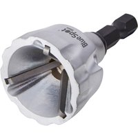 Silver Bluespot chamfer tool with hex shank and three internal cutting blades for deburring edges.