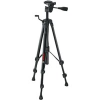Black Bosch BT 150 tripod with adjustable legs, crank handle, and quick-release plate for professional building use.