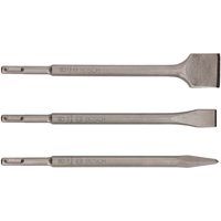 Bosch SDS Plus Chisel Set with three silver steel chisels, flat and pointed tips, for rotary hammer drills.