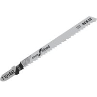 Bosch T101BR jigsaw blade, silver with black text, fine teeth, 100mm length, pack of 5 for wood cutting.