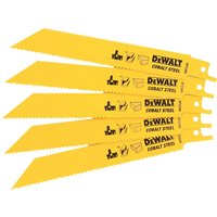 Yellow DEWALT 5 pack 152mm bi-metal reciprocating saw blades with universal fit and printed logos.