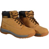 Wheat-colored nubuck hiking boots by Dewalt, UK 5 EUR 38, with black padded collar and sturdy laces.