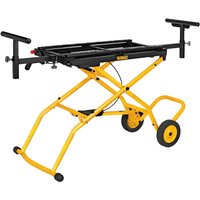Yellow and black DeWalt mitre saw stand with folding legs and rolling wheels.