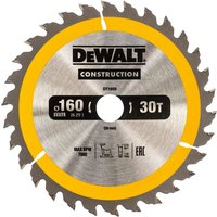 Circular saw blade with 30 teeth, silver center, yellow rim, and DeWalt branding.