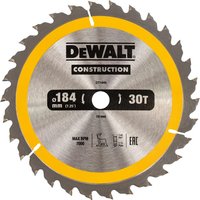 Circular saw blade, 184mm, 30 teeth, silver with yellow rim, DeWalt branding in black and bold.