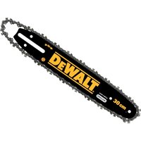 Black 30cm DeWalt chainsaw chain and bar with yellow logo and measurement marking.