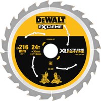 Dewalt circular saw blade, 216mm diameter, 24 teeth, yellow and black design with XR Extreme Runtime branding.