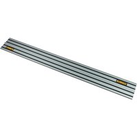 Silver and black DeWalt 1.5m plunge saw guide rail with yellow logo and parallel grooves.