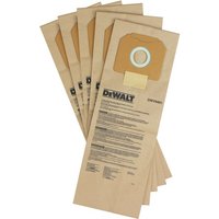 Dewalt DWV9401XJ paper dust bags, pack of 5, beige with black text and circular opening at the top.