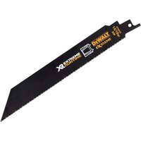 Black DeWalt XR FlexVolt reciprocating saw blade with yellow branding and pointed tip, designed for cutting wood.