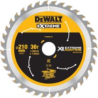 DeWalt XR FlexVolt table saw blade, 210x30mm, 36 teeth, silver with yellow and black center label.