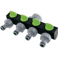Black and silver 4-way tap outlet with green levers and four hose connectors.