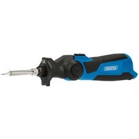 Blue and black Draper 12V cordless soldering iron with ergonomic grip and pointed metal tip.
