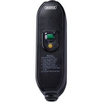 Black Draper 16A in-line RCD adaptor with test and reset buttons, green indicator, and safety instructions.