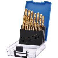 Draper 19 Piece HSS titanium nitride coated drill bit set in a clear case with blue lid and black holder.
