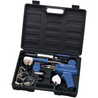 Draper 230V soldering kit with blue soldering gun, iron, stand, and accessories in black carrying case.