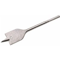 Flat chisel drill bit by Draper, silver metal, flat spade-shaped head with sharp edges and long cylindrical shank.