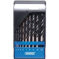 Draper 9 Piece Brad Point Drill Bit Set in a blue and black case with clear front, showing various sized steel bits.