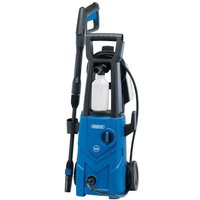 Blue Draper pressure washer, 230V, 1600W, 135 Bar, with black handle, wheels, and attached spray wand.