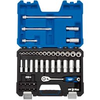 Blue and black Draper 42-piece metric socket set with ratchet, extension bars, and various sockets in a sturdy case.