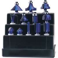 Draper DRB12A 12 piece blue and silver TCT router bit set in a black display case.