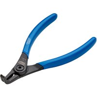 Blue-handled Draper Expert 130mm 90° external circlip pliers with angled tips and black metal jaws.