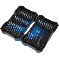 Draper Expert 38 Piece 1/4" hex impact screwdriver bit set in black and blue case with organized slots.