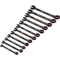 Black Draper Expert 12-piece metric ratchet spanner set with red accents and HI-TORQ® design.
