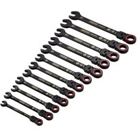 Black Draper Expert 12-piece flexible head ratchet spanner set with HI-TORQ® design and red accents on ring ends.